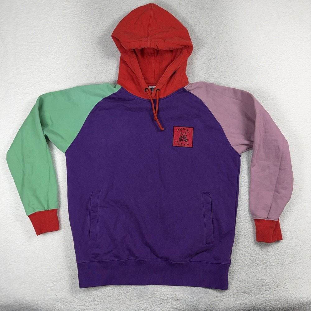 Teddy Fresh Hoodie Mens Large Sweatshirt Color Block Long Sleeve 90's VINTAGE